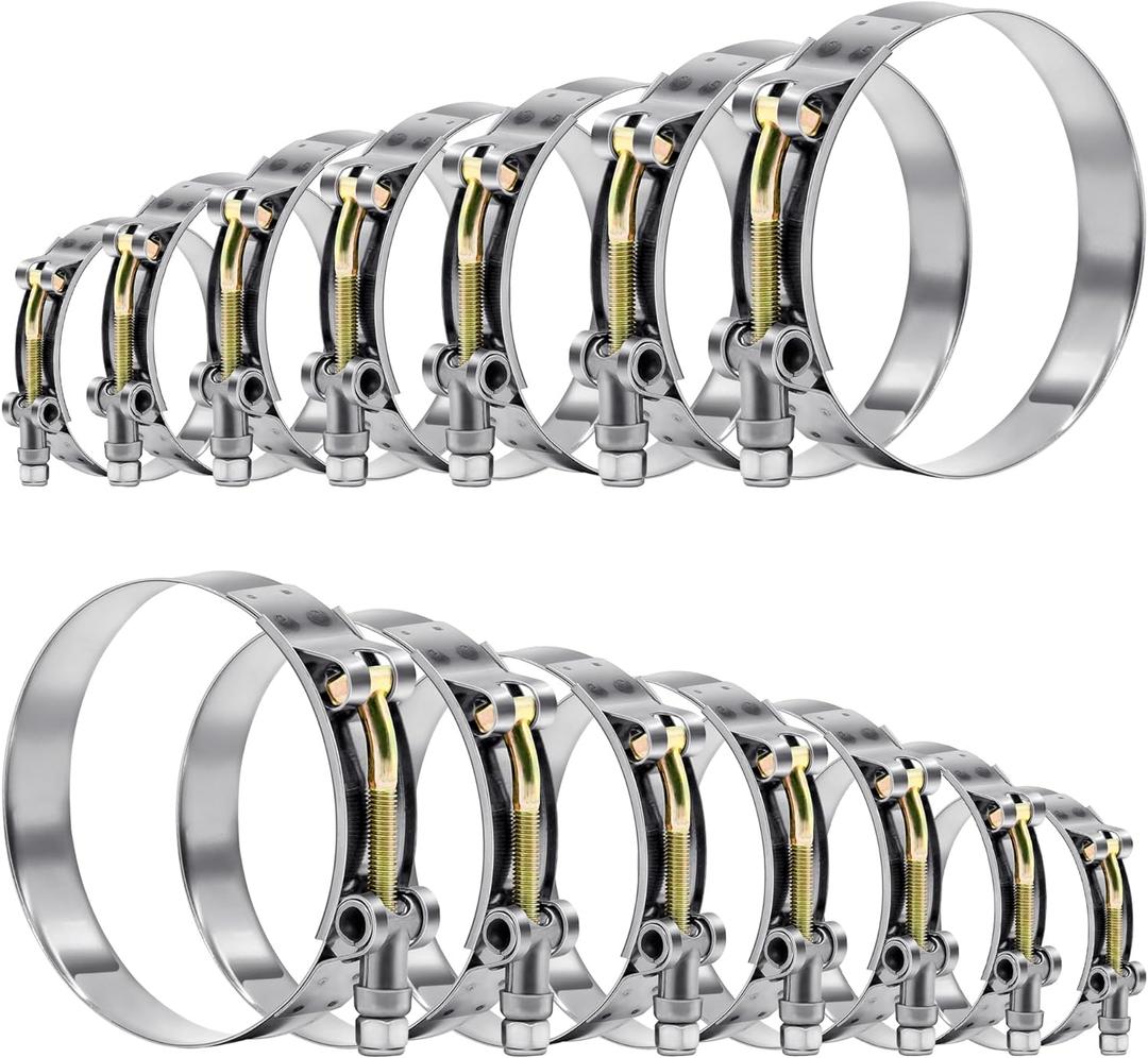 14 Pcs 7 Sizes T-Bolt Hose Clamps, 304 Stainless Steel Turbo Intake Intercooler Clamp,Working Range 32-91mm for 1-3" Hose ID, Radiator Hose Clamps Assortment Set (4 Pcs Missing)