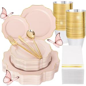 WDF 175Pcs Pink Plastic Plates - Pink and Gold Plates Disposable 25guest Plastic Dinnerware Ideal for Tea Party/Bridal Shower/Wedding/Baby Shower/Fall Pumpkin Baby Shower