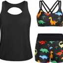 Yonique 3 Piece Swimsuits for Women Athletic Tankini Teen Bathing Suit Tummy Control Modest Swimwear with Boy Shorts (XX-Large, Black & Dinosaur)