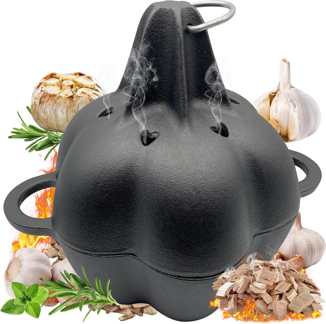 Garlic Roaster & Smoker Box for Grill Oven, All-Season Cast Iron Steamer Pot, Perfect for Oven and BBQ, for Smoky, Flavorful Vegetables, Meats or Wood Chips, Garlic Potato Cooker
