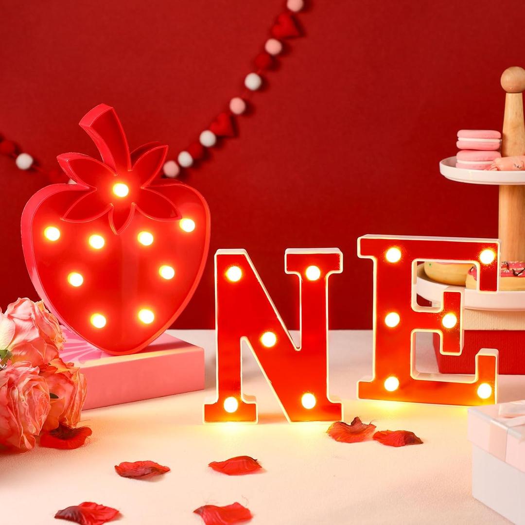 Honoson 3 Pcs First Birthday Decor LED Light up One Letters Marquee String Light Letters 1st Birthday Photo Prop Decorations Sweet One Party Supplies (Strawberry)