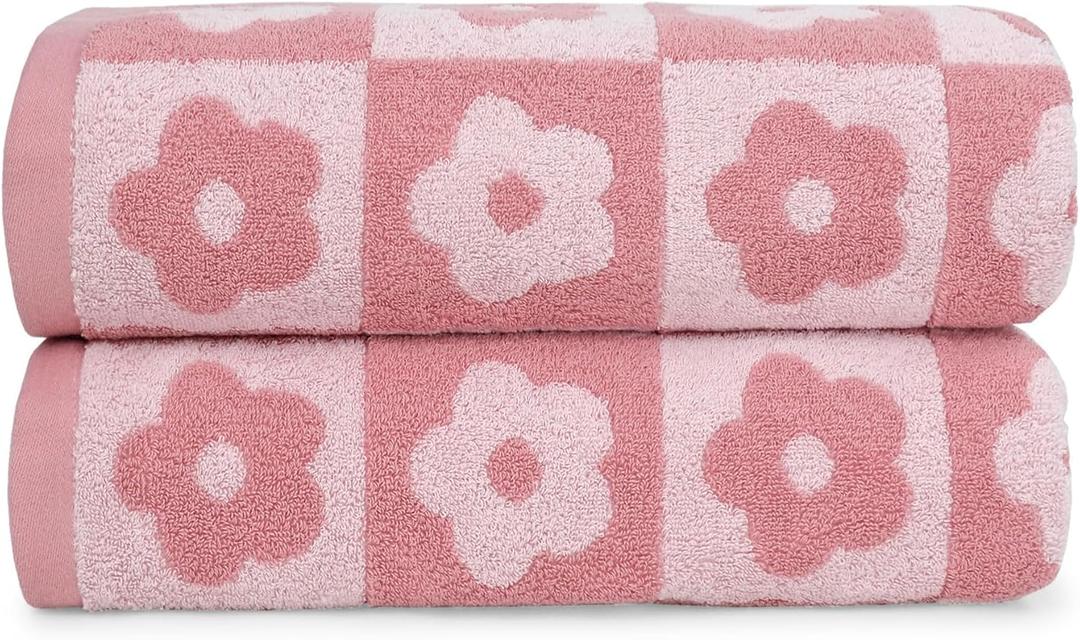 Jacquotha 2-Pieces Luxury Bath Towels Checkered Floral, Pink Towels for Women Girls Shower Body 27.5x55 Inches, Bathroom Decor & Pool Days, Cotton