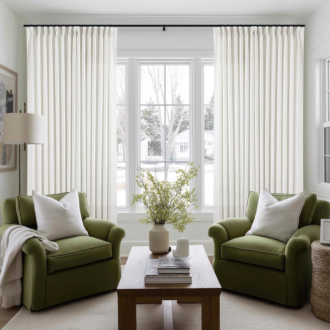 100 Inch Width Curtains 96 Inches Long Pinch Pleat Linen Semi Sheer for Patio Sliding Door Light Filtering Pleated Drapes Back Tab Ivory Beige White Extra Wide 100 x 96 Curtain for Living Dining Room
