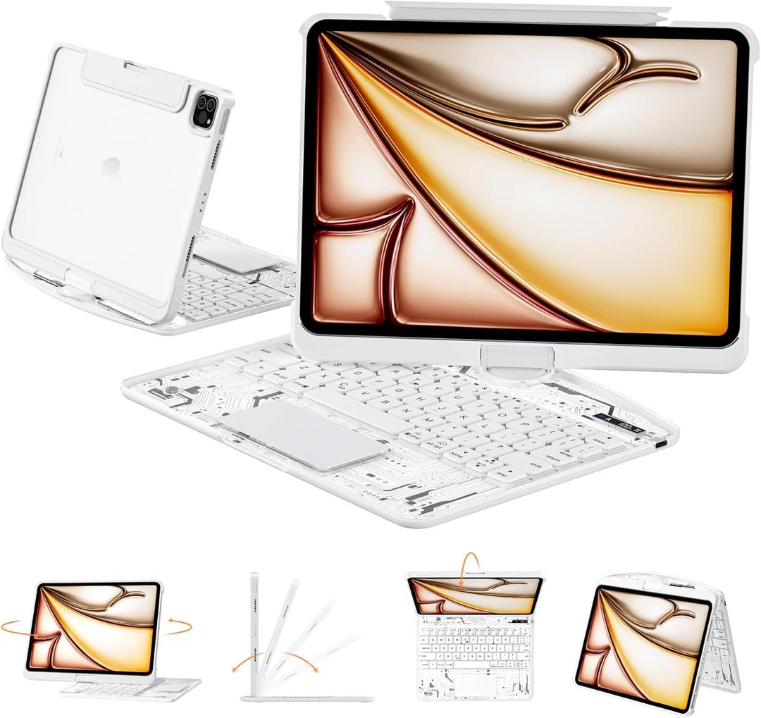 Transparent Case with Keyboard for iPad 11th Gen 11 Inch.(A16, 2025) & 2022 iPad 10th Gen 10.9 Inch,7-Color Backlit,Wireless Keyboard, 360Rotating,with trackpad,Pencil Holder,with Shortcuts,White