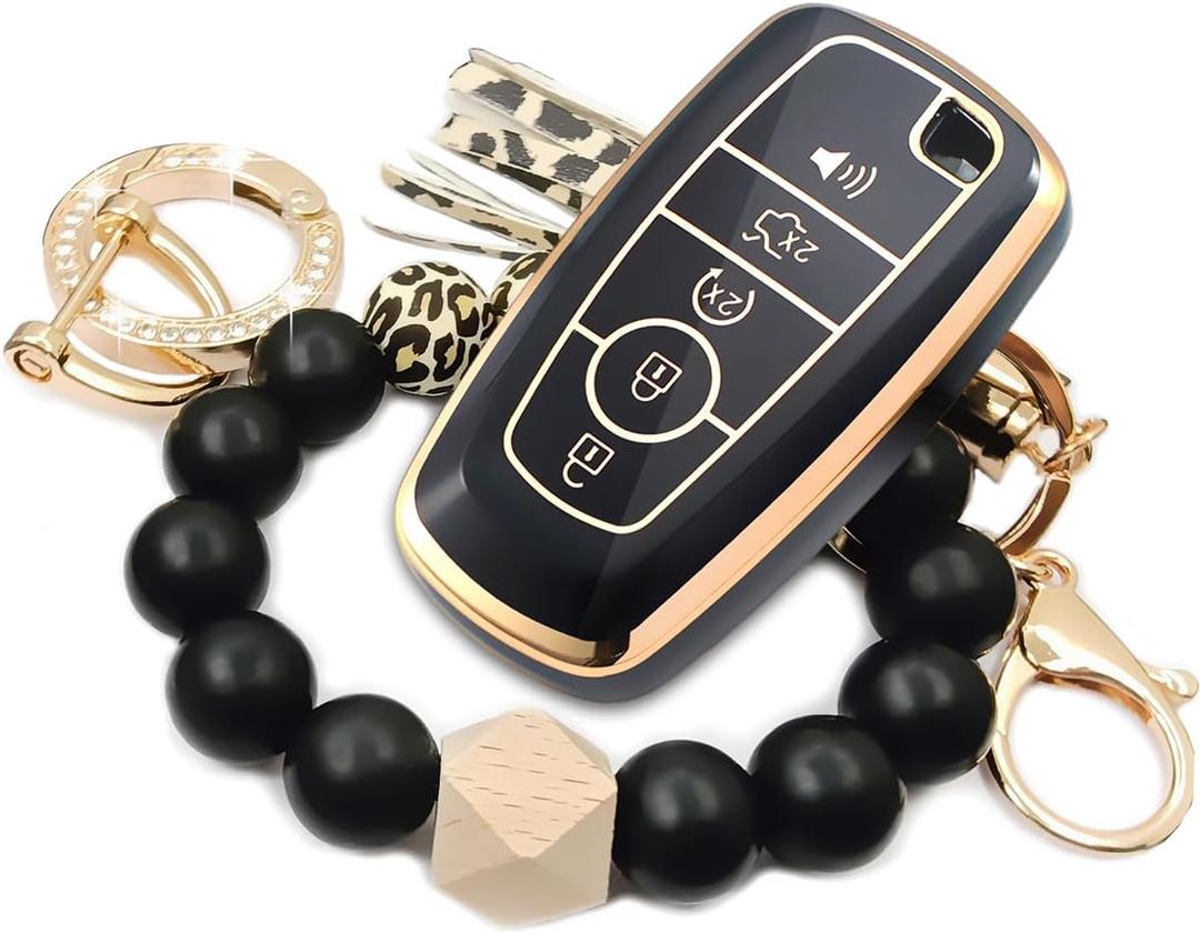 Car Key Fob Cover with Premium Wristlet Fits for Ford F-150 F-250 F-350 F-450 F-550 Raptor Explorer Escape Fusion Bronco Sport Edge Lincoln Corsair Nautilus (Black)