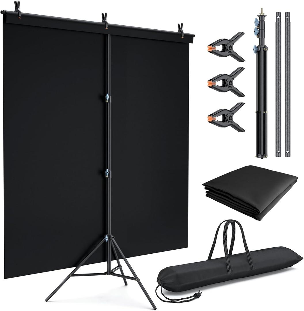 LINCO Lincostore 5x6.7ft Backdrop Stand, Portable Black Photo Backdrop Background with T-Shape Stand, Carry Bag, Spring Clamp for Photography Party Decoration Streaming Studio (Black Backdrop), 6.5' x 5'