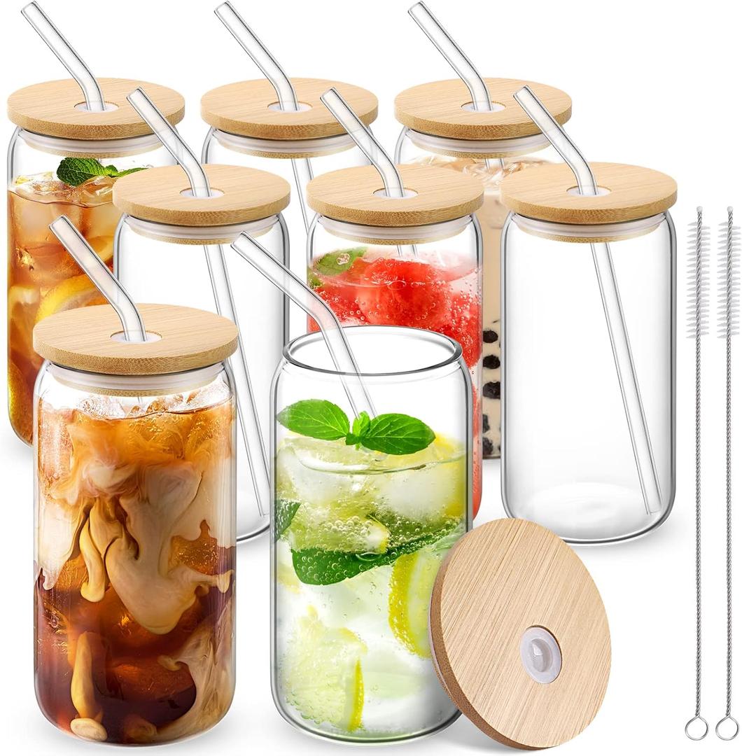 CWHHRN Glass Cups with Lid and Straw, 16oz Beer Glasses Glass Coffee Cups, Iced Coffee Cups with Lid, Glass Tumbler with Straw and Lid (8 PACK)