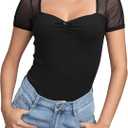 Beluring Women Mesh Shirts Going Out Tops Sweetheart Neck Short Sleeve Summer Sexy T-Shirt (Medium, Black)