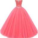 Likedpage Women's Sweetheart Ball Gown Tulle Quinceanera Dresses Prom Dress (US8, Coral)