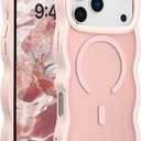 UEEBAI Magnetic for iPhone 17 Pro Case, Compatible with MagSafe, 2025 Transparent Wave Frame Design Case Soft Edge Cover Cute Clear Matte Shockproof Protective Phone Case, Pink