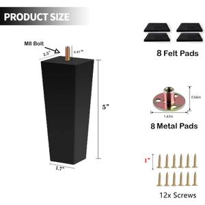 Sofa Legs Square Bed Feet 5 inch Wood Replacement Leg for Furniture Set of 4, Black (5", 4 set)