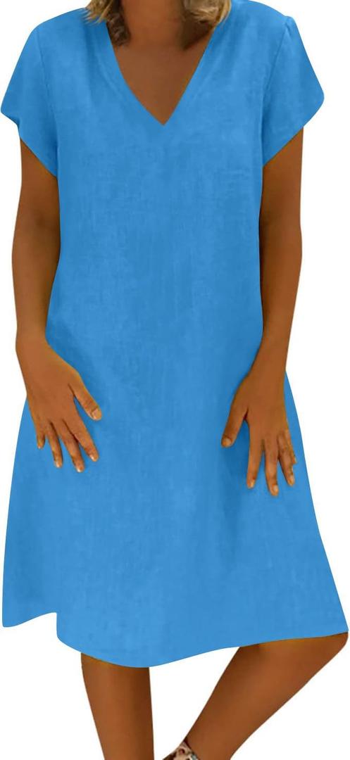 Fronage Women's Cotton Linen Midi Dress V Neck Short Sleeve Causal Loose Tshirt Dresses Summer (Blue)