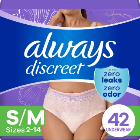 Always Discreet Adult Incontinence Overnight Underwear for Women, Small/Medium, Up to 100% Bladder Leak Protection, 48 Count (3 Packs of 16)