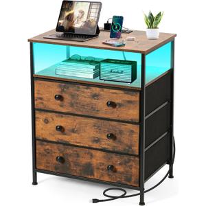 3 Drawers Dresser with Charging Station, 24 Inch Wide LED Night Stand with Adjustable Fabric Drawer, Nightstand with Storage Shelf for Living Room/Bedroom/Office, Rustic Brown.