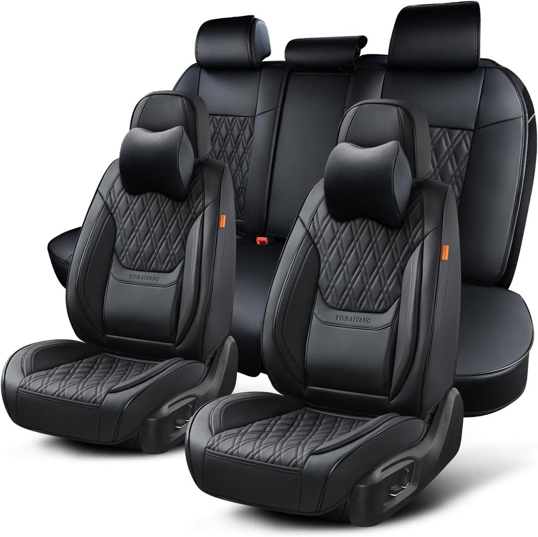 Black Car Seat Covers Full Set, Breathable Leather Automotive Front and Rear Seat Covers & Headrest, Universal Automotive Vehicle Seat Cover for Most Sedan SUV Pick-up Trucks