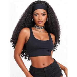 Curly Headband Wig 26 InchAfro Curly Wigs for Black WomenKinky Straight Synthetic Hair with Bouncy Curls In the EndWear and Go Glueless Half Wig (Natural Color)