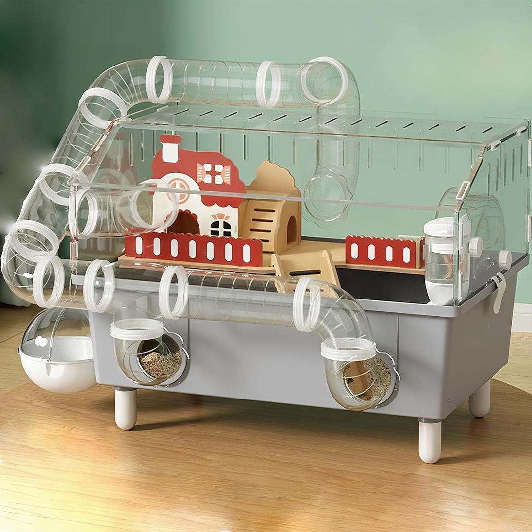 Large Hamster Cage 17x11x13 Inch Acrylic Habitat - Multi-Level Enclosure for Dwarf/Syrian Hamsters, Mice & Gerbils (Ventilated Design & Removable Base) (Grizzly, 17.7x11.81x13 in)