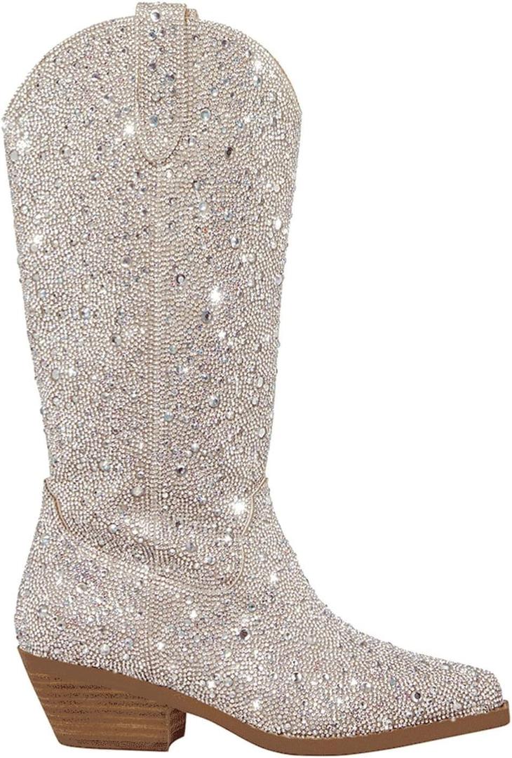 Atuelang Women's Rhinestone Cowboy Boots Sparkly Knee High Boots Fashion Pointed Toe Block Heel Mid Calf Cowgirl Short Ankle Booties (7)