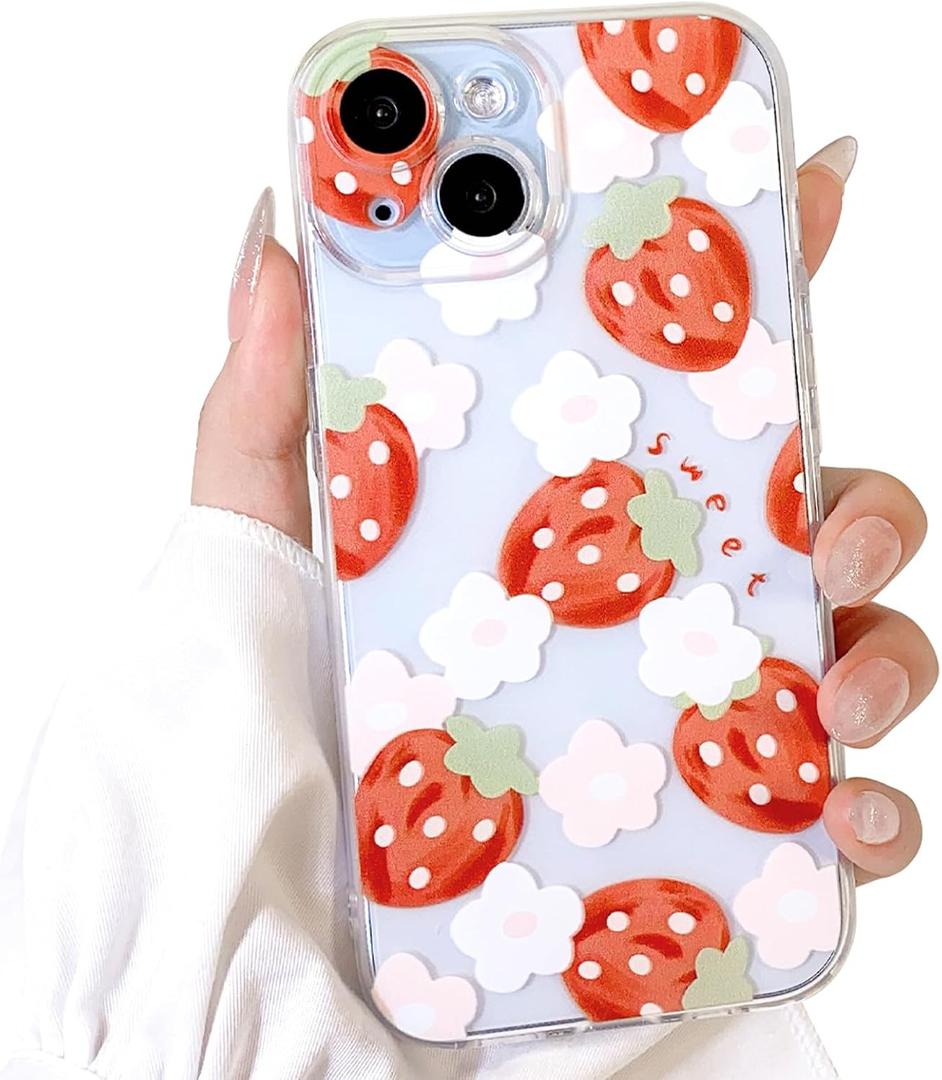 Lovmooful Compatible for iPhone 15 Case Cute Clear Oil Flower Floral Strawberry Design for Girls Women Soft TPU Shockproof Protective Girly for iPhone 15-Light Strawberry