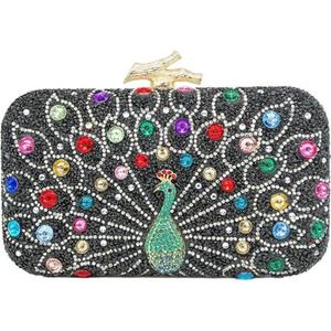 Rhinestone Clutch Purses for Women Square Peacock Black