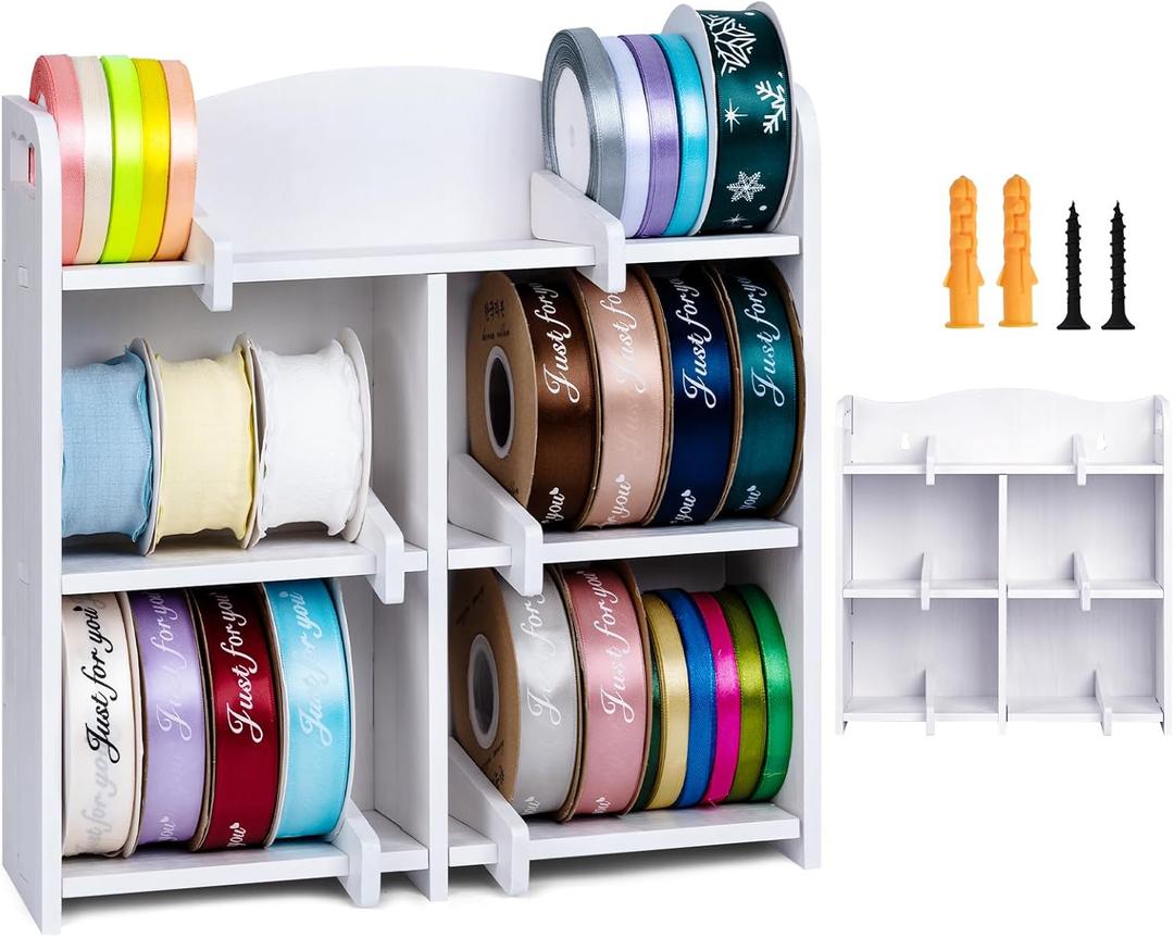 Ribbon Organizer Storage, Wooden Wall-Mounted/Desktop Ribbon Storage Organizer Rack For Craft Room Home Ribbon Holder For Ribbon Up To 4.5", Gift Wrapping Organizer Storage