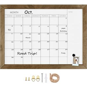 TORASO Dry Erase Monthly Calendar Board, Solid Pine Wood Frame Magnetic Whiteboard for Wall, Office/School/Home, Hanging Board 12"x 16"(YL-RB-3040-A) (Rustic Brwon)