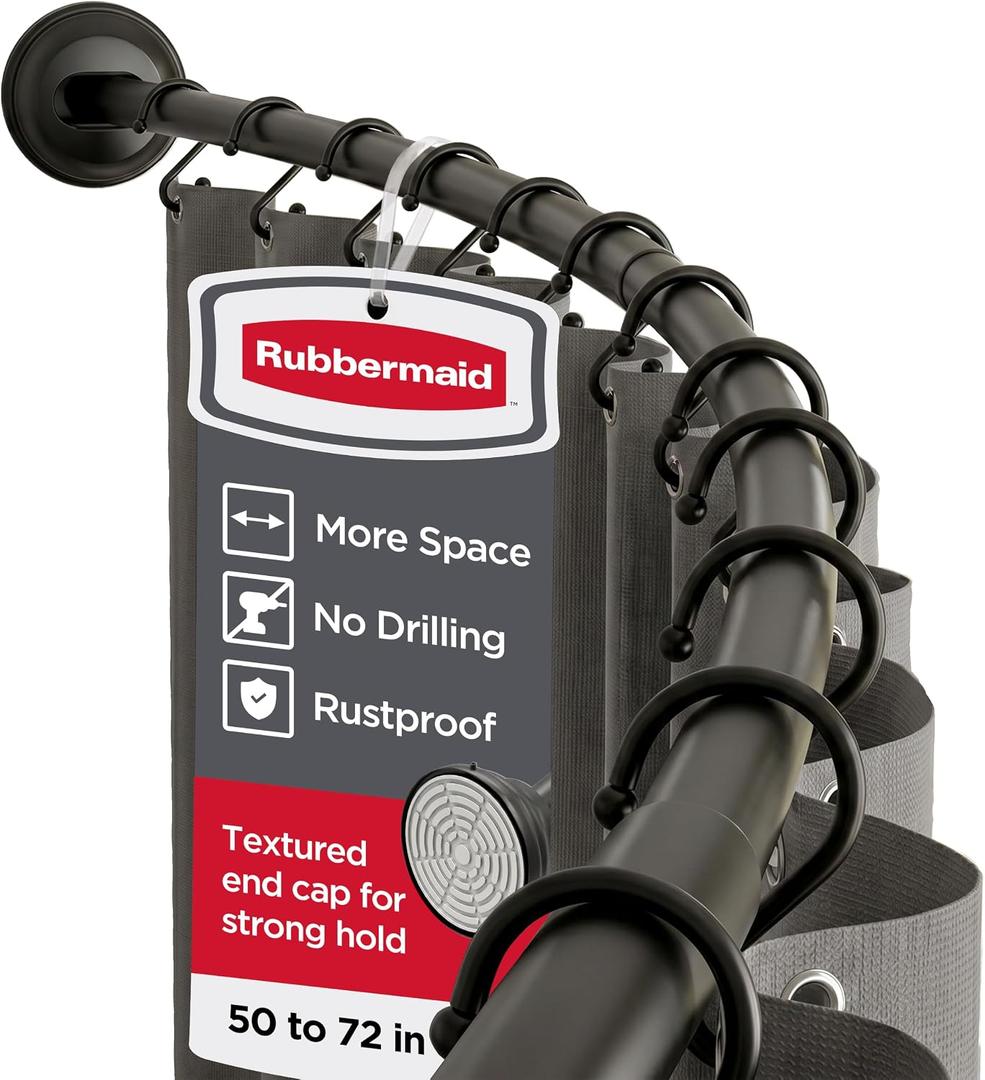 Rubbermaid Curved Shower Curtain Rod, No Drill, 50-72 Inches Adjustable Tension Shower Rod for Bathroom, Non-Slip, No Rust, Matte Black