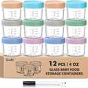 DRKIO 12 Pack Glass Baby Food Storage Containers - 4 Oz Baby Food Jars with Lids Baby Food Maker Microwave Dishwasher Freezer Safe 100% Leak Proof BPA Free Reusable