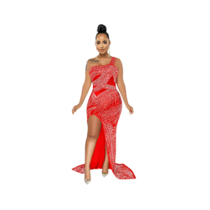 Women One Shoulder Rhinestones Dress Sexy Nightclub Single Sling Split Long Dress, Small
