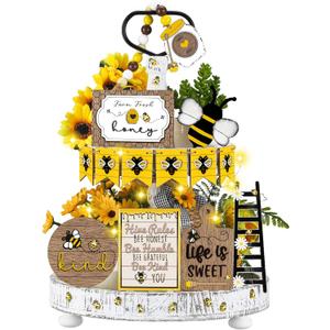 21 Pcs Bee Tiered Tray Decor Set Spring Summer Tiered Tray Decorations Farmhouse Bee Wood Table Sign Hive Honey Table Top Decor for Kitchen Party Favor Home Shelf