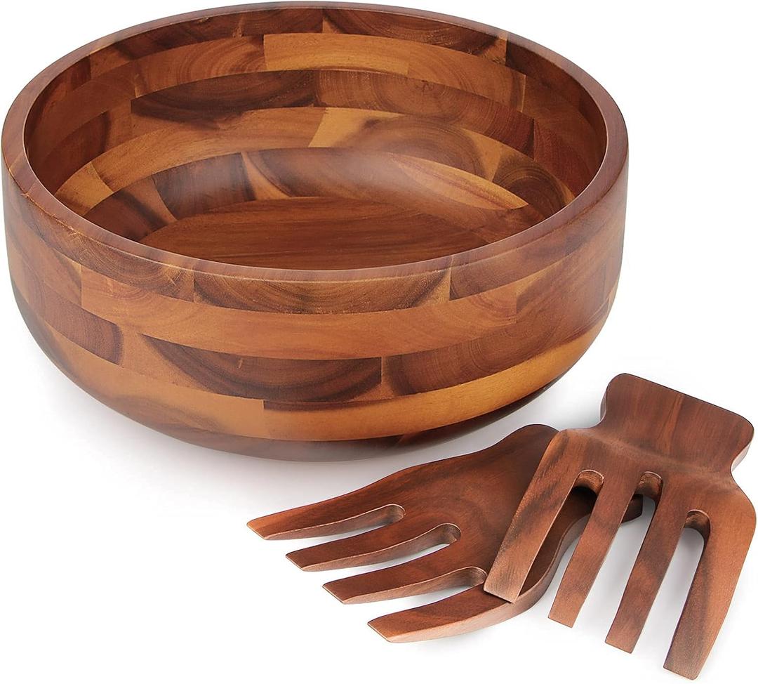 AIDEA Acacia Wood Salad Bowl Set with 2 Wooden Hands, Large Salad Bowl with Serving Utensils, Big Mixing Bowl for Fruits, Salad, Cereal, Corn flake, Pasta 11" Diameter x 4.5" Height