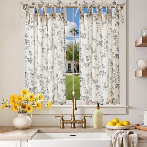 jinchan Floral Kitchen Curtains 36 Inch Linen Tier Curtains Farmhouse Cafe Half Window Drapes Over Sink Light Filtering Black on Beige for Living Room Laundry Tie Top 2 Panels