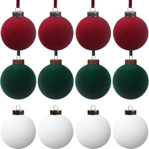 12 Pcs Velvet Christmas Balls Bulk Shatterproof Plastic Christmas Tree Decorations for Decorative Hanging Baubles (12, Wine redBlackish GreenWhite, 3.94Inch)