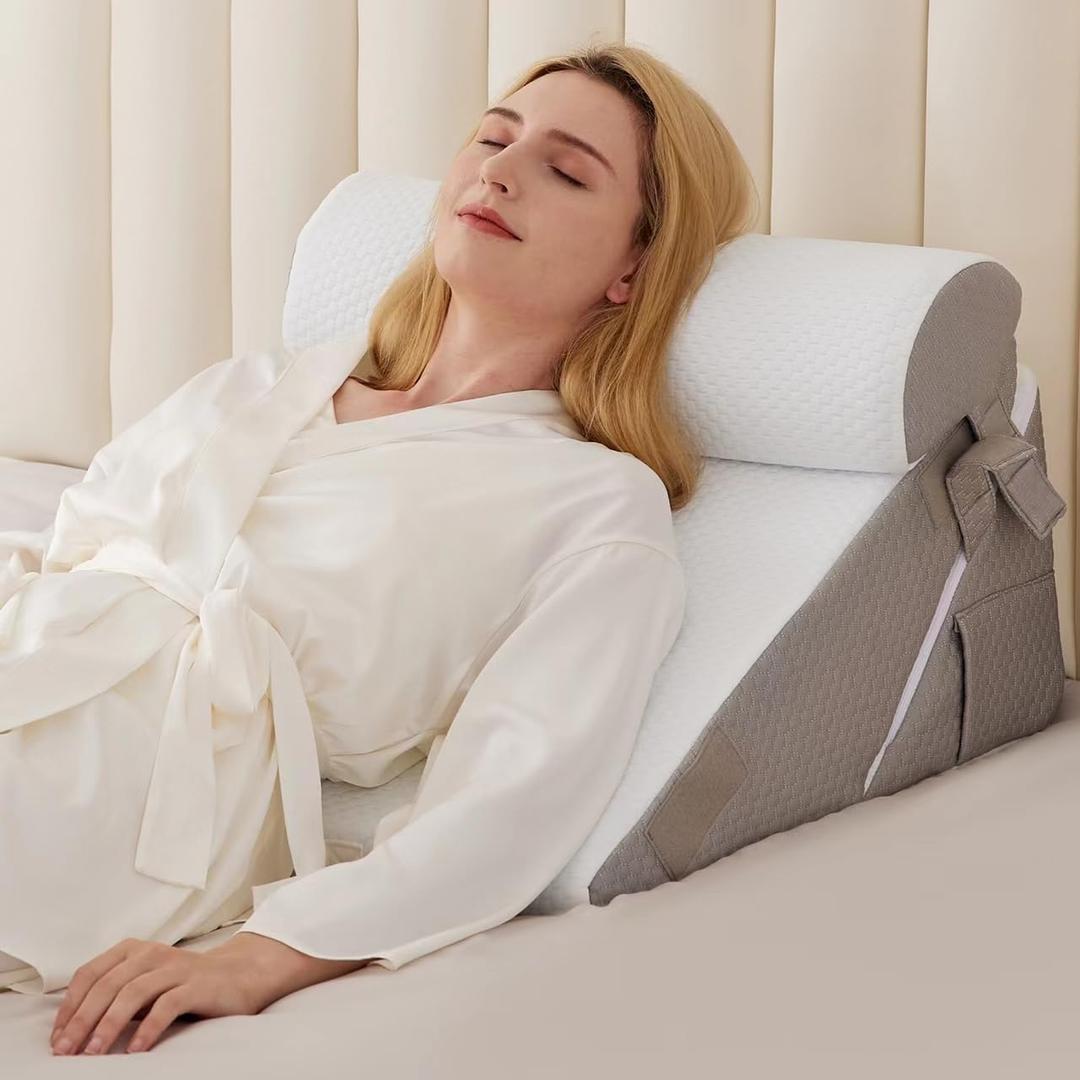 BIEEZZK Wedge Pillow Set for After Surgery, Wedge Pillow for Acid Reflux, Bed Wedge Pillow with Adjustable 9&12inch for Headboard,Sleeping, Orthopedic Memory Foam for Neck&Back Support, White/Grey