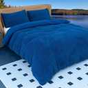 QUILTINA Shu Velveteen Warm Duvet Cover Set with 2 Pillowcases, King Size Coral Fleece Luxury Quilt Cover, Double Sided - Velvet and Sanded Fabric, Delicate Soft Fluffy, Blue, 104" x 90"
