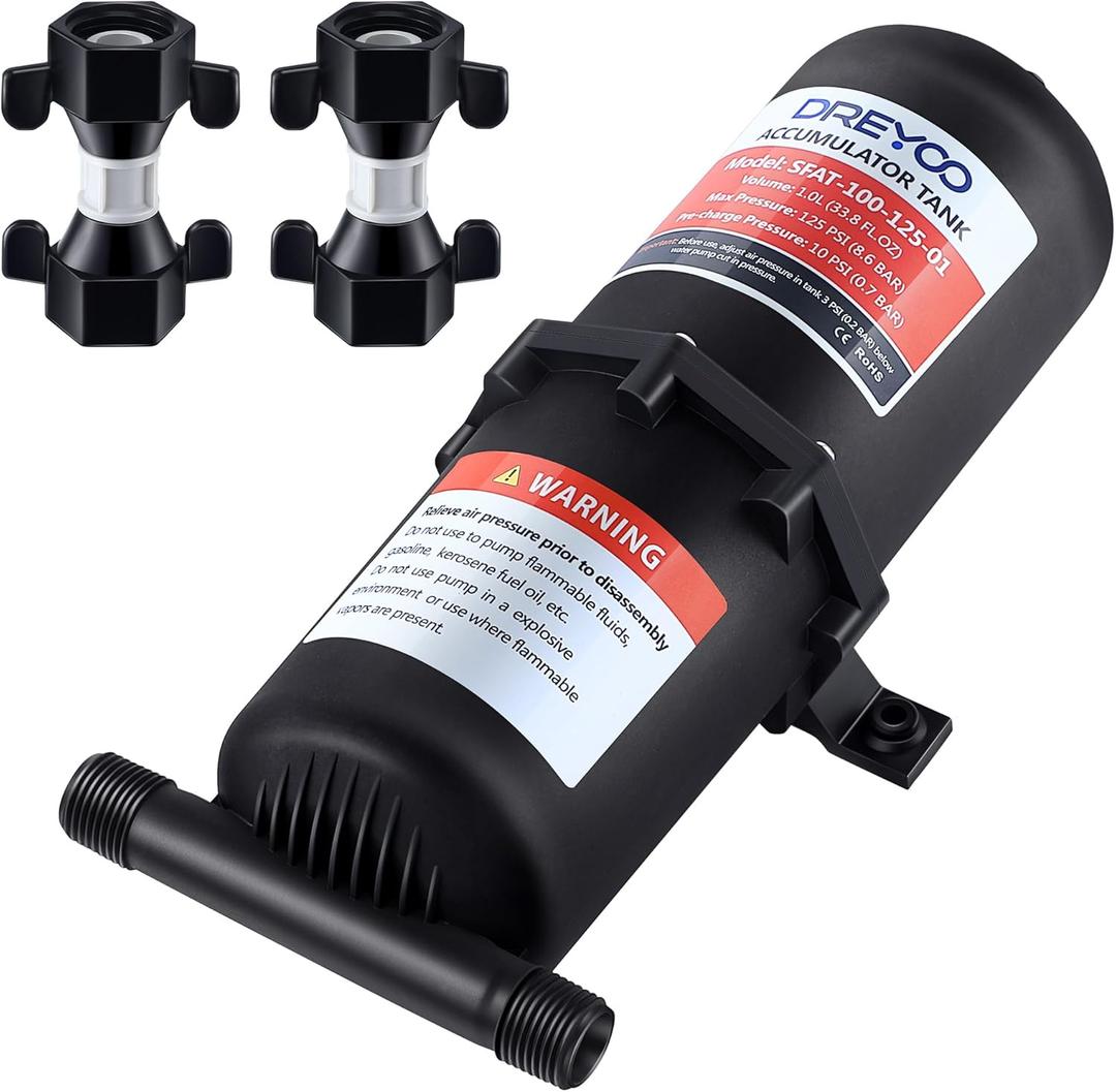 Dreyoo RV Accumulator Tank 1L 125PSI, Pre Pressurized Accumulator Tank with 1/2 MNPT Port Fitting, Flow Control Inner Bladder, Accumulator Expansion Tank Suitable for RV, Boat, Caravan, Travel Trailer