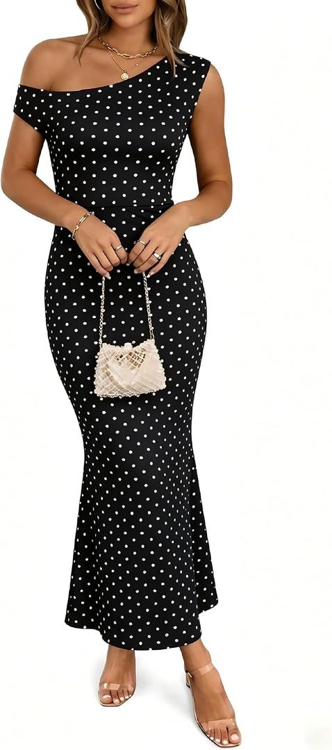 BISUAL Women Polka Dot Dress One Shoulder Black and White Maxi Dress | Bodycon Mermaid, Wedding Guest, Formal Party, Cocktail Evening, Stretch Fabric, Flattering Fit, Vintage 50s Style,Classy Look (White), XL