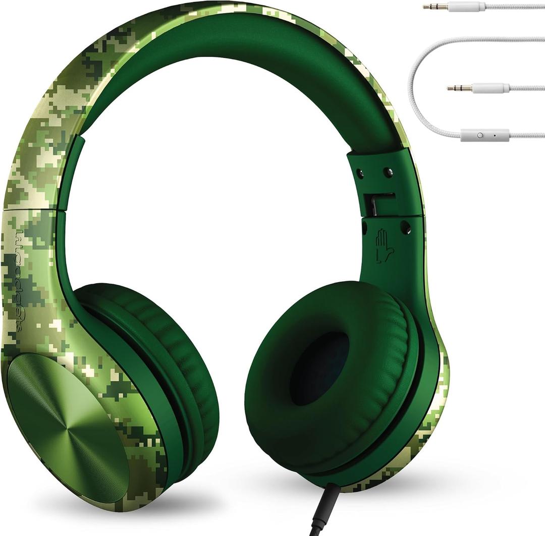 LilGadgets Connect+ Pro Wired Kids Headphones for School with Microphone, Volume Limiting Over-Ear Headset with Cord, SharePort Technology & SoftTouch Padding, Green Digital Camo (Printed)