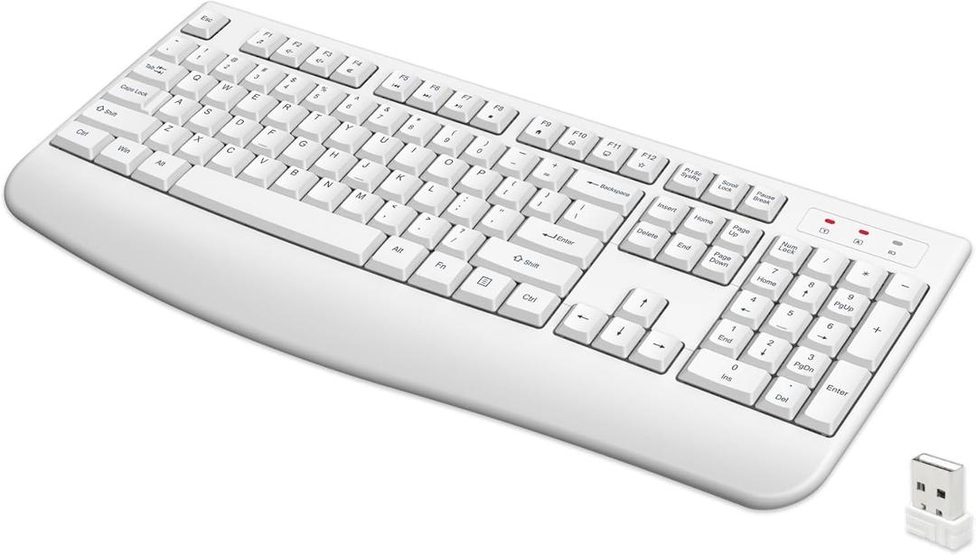 QUASIO Wireless Keyboard, 2.4G Full-Sized Ergonomic Wireless Computer Keyboard with Wrist Rest for Windows, Mac OS Laptop/PC/Desktop/Notebook(Off White)