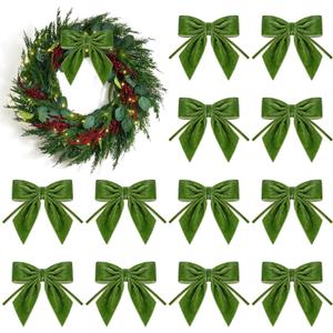 12Pcs Velvet Ribbon Bows - 4x4 Inch Christmas Tree Bow for Xmas Tree, Wreath, Garland, Fireplace,Staircase, Window, Cabinet, Gift Wrapping Holiday Wedding Home Decoration (Moss Green)