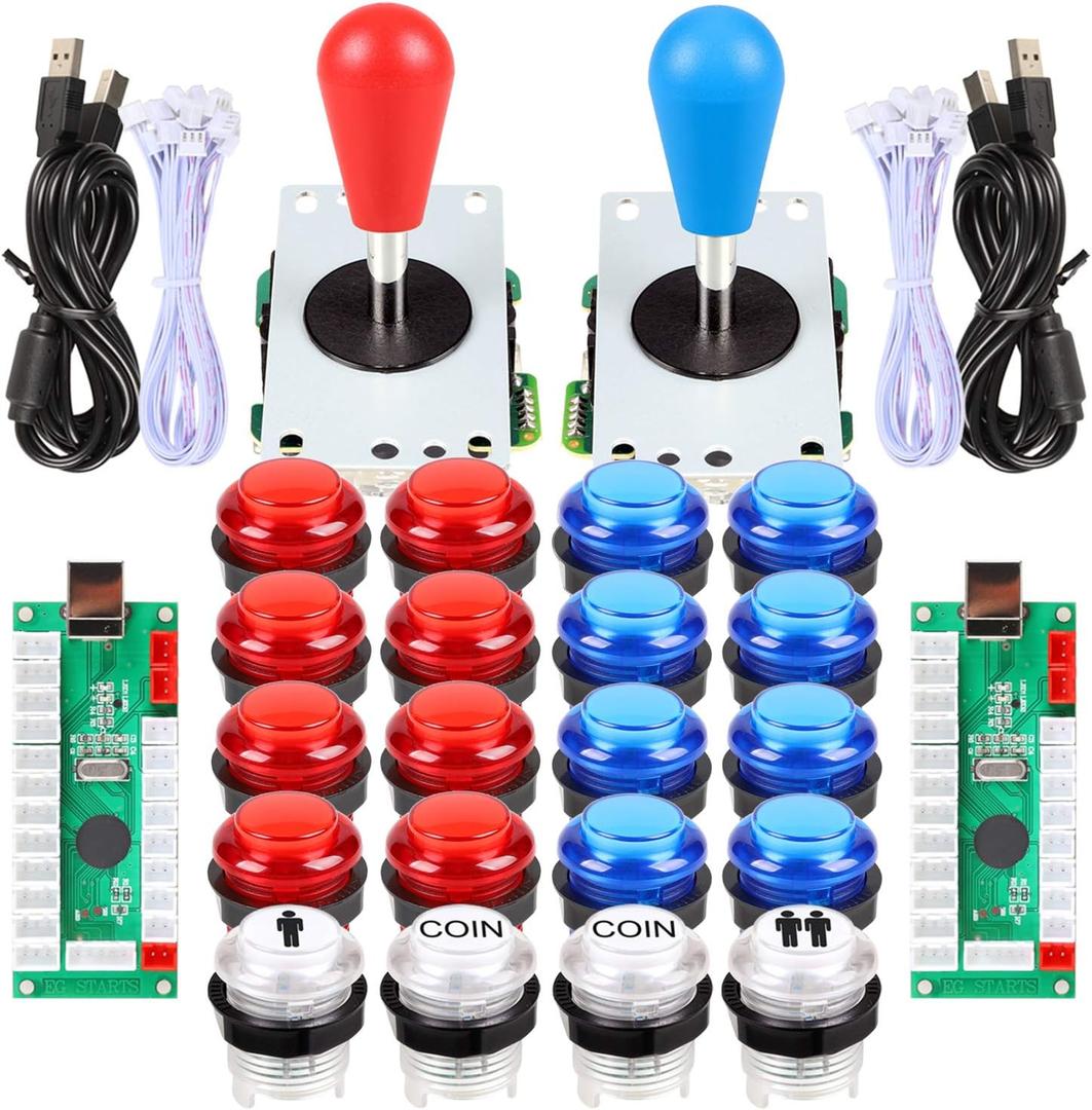 Fosiya LED Arcade Joystick Buttons Kit Ellipse Oval Style 8 Ways Joystick + 20 x LED Arcade Buttons for 2 Player Video Games Standard Controllers All Windows PC MAME Raspberry Pi Red + Blue Kits