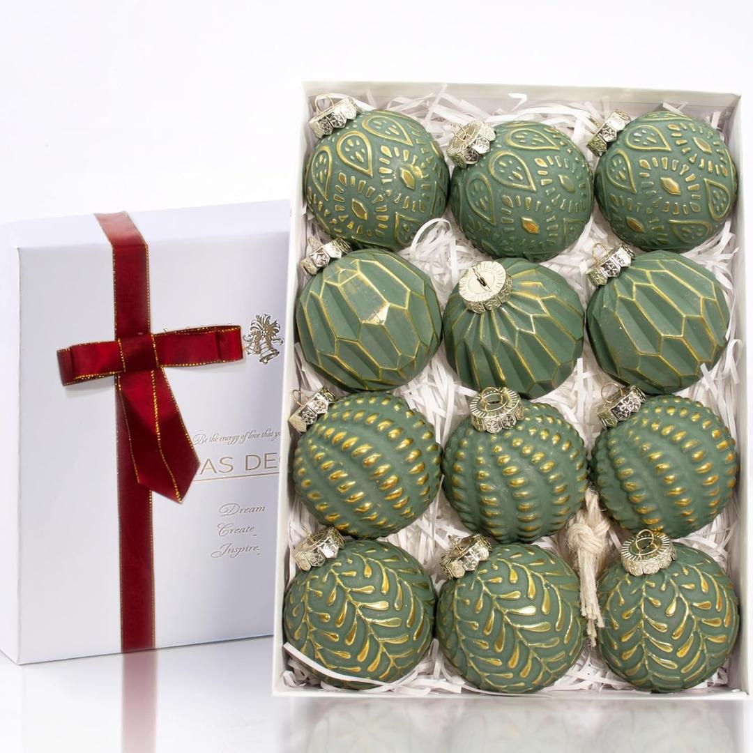 Green and Gold Rustic Christmas Ball Ornaments, 3.15 inches Vintage Christmas Tree Decorations, 12 PCS Large Shatterproof Neutral Farmhouse Luxury Xmas Ornaments for Home Decor