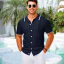 LETSEE Linen Shirts for Men Short Sleeve Blouse Button Down Dress Untuckit Shirts Beach Summer Wedding Hawaiian Outfit (Blue, XXL)