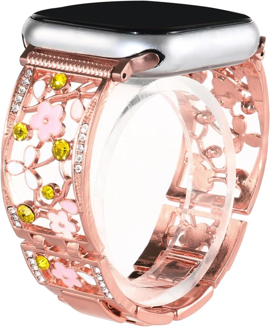 Floral Bling Crystal Hollow Metal Bracelet Band Compatible with Apple Watch 38mm 40mm 41mm 42mm 44mm 45mm 46mm 49mm, Women Dressy Jewelry Wristband for iWatch Series 11 10 9 SE 8 7 6 5 4 3 2 1 Ultra