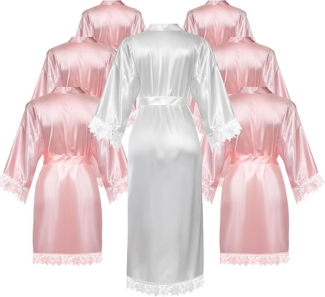 7 Pcs Women's Satin Kimono Robe Set Short Bridesmaid Bride Long Robe with Lace Trim for Bridesmaid and Bride Wedding Party Getting Ready, Pink and White