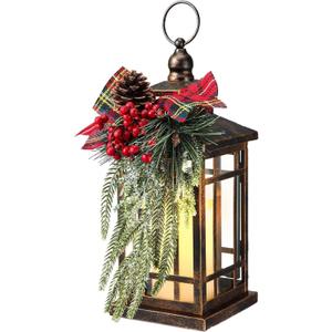 Baquler 1 Pcs Christmas Decorative Lantern LED Christmas Lantern 14" Bronze Vintage Flameless Hanging Candle Lanterns Xmas Centerpieces for Tables Indoor Outdoor Porch Decor (Black Red Plaid)
