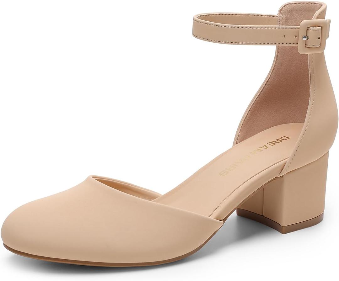 DREAM PAIRS Women's Closed Round Toe Low Block Heels Ankle Strap Chunky Heel Pumps Dress Wedding Office Party Shoes (9.5, Nude)