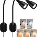 Wall-Mounted LED Bedside Reading Light with USB Charging Port, 10-Level Dimmable & Adjustable 5 Color, Plug-in Adhesive Night Lamp for Books in Bed, Eye-Caring Bedroom Lighting (Black 2 Pack)