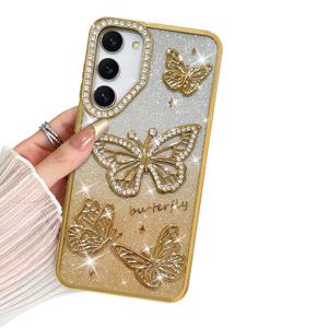 BITOBE Designed for Samsung Galaxy S23, Cute 3D Butterflies Case Slim Plating Glitter Bling Luxury Rhinestone Cover for Women Girls Protective Camera Protection Bumper 6.1" Gold