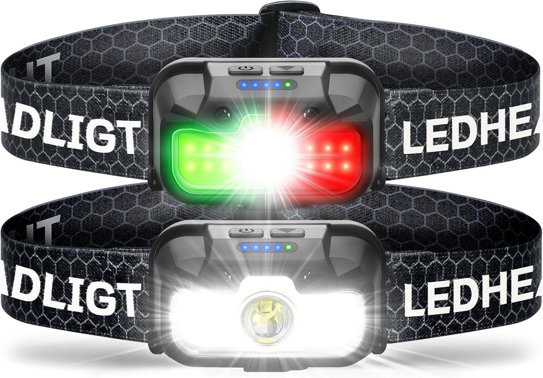2-Pack LED Headlamp Rechargeable with Green & Red Light -1300 Lumen Ultra-Bright Flashlight Headlight for Camping, Running, Hiking, Fishing - Waterproof with 7 Modes (Cool Black)